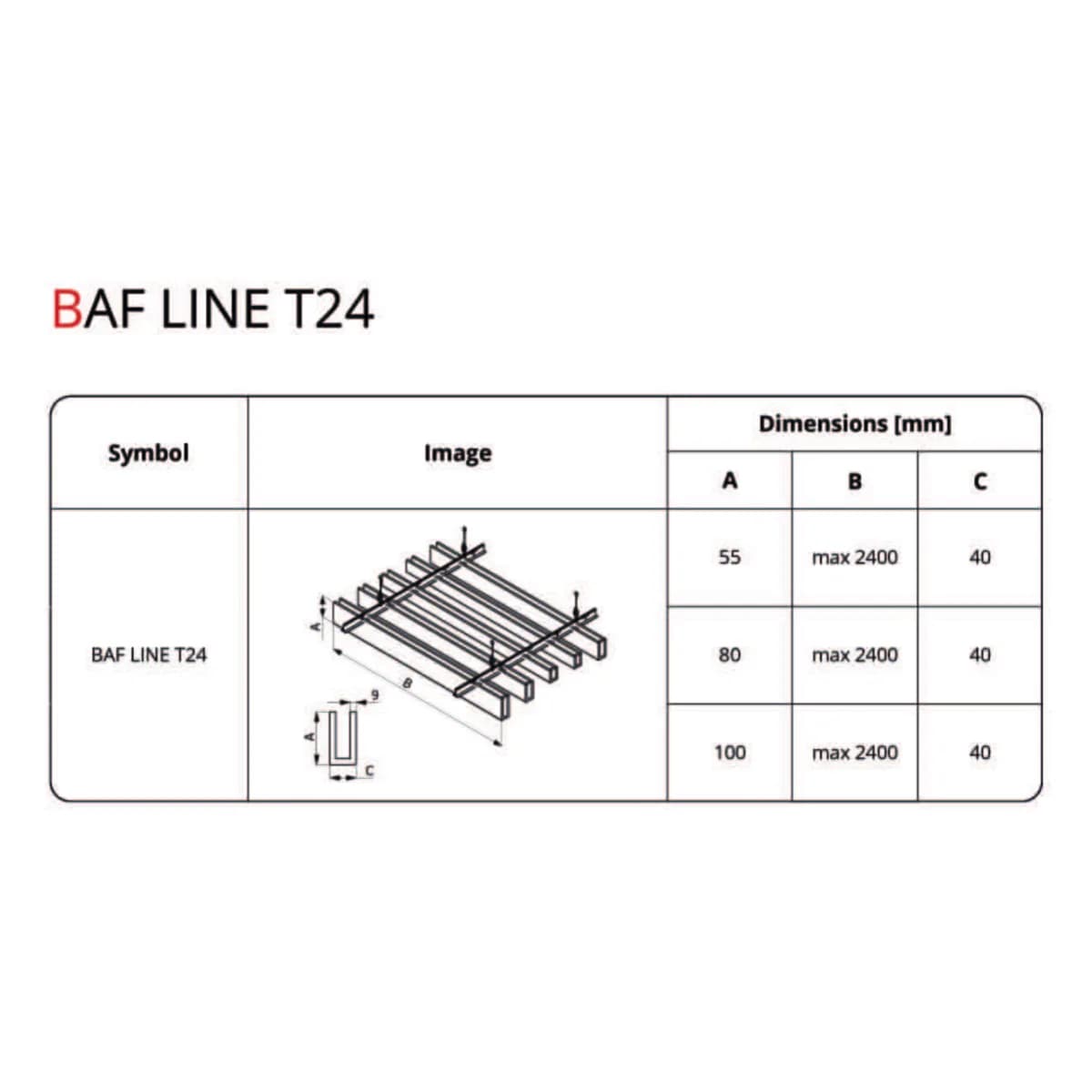 Feltro BAF LINE T24 Linijinė akustinė lubų juosta T24 karkasui – techniniai duomenys