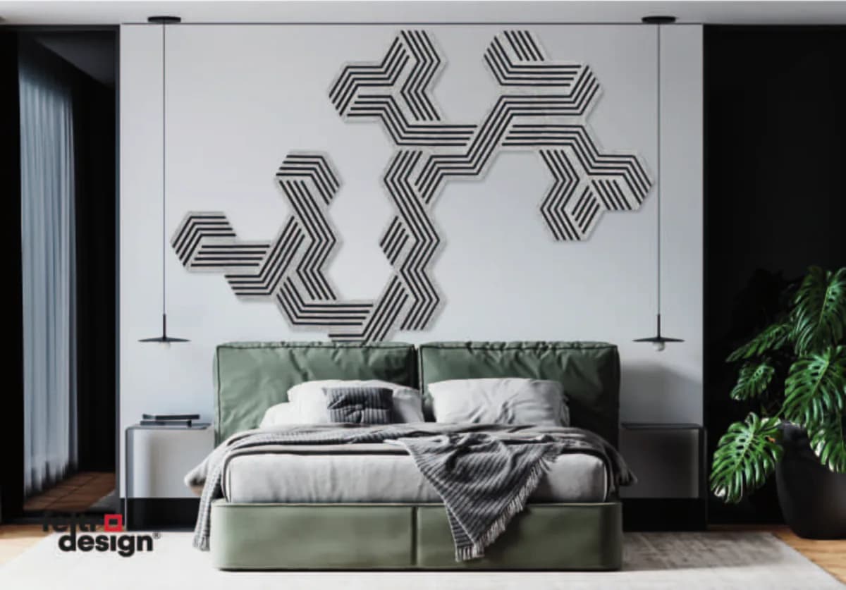 Feltro HEX Deco 01 Šešiakampis panelis su lygiagrečiais grioveliais – interjere